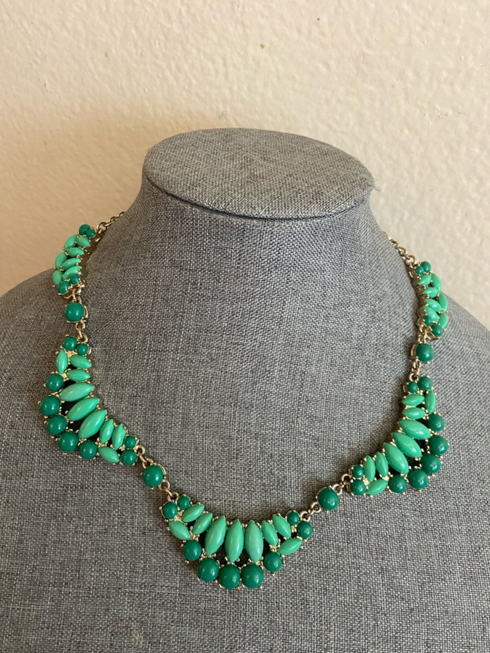 J. Crew Art Deco Collar Green Glass Cabachon Bib Necklace